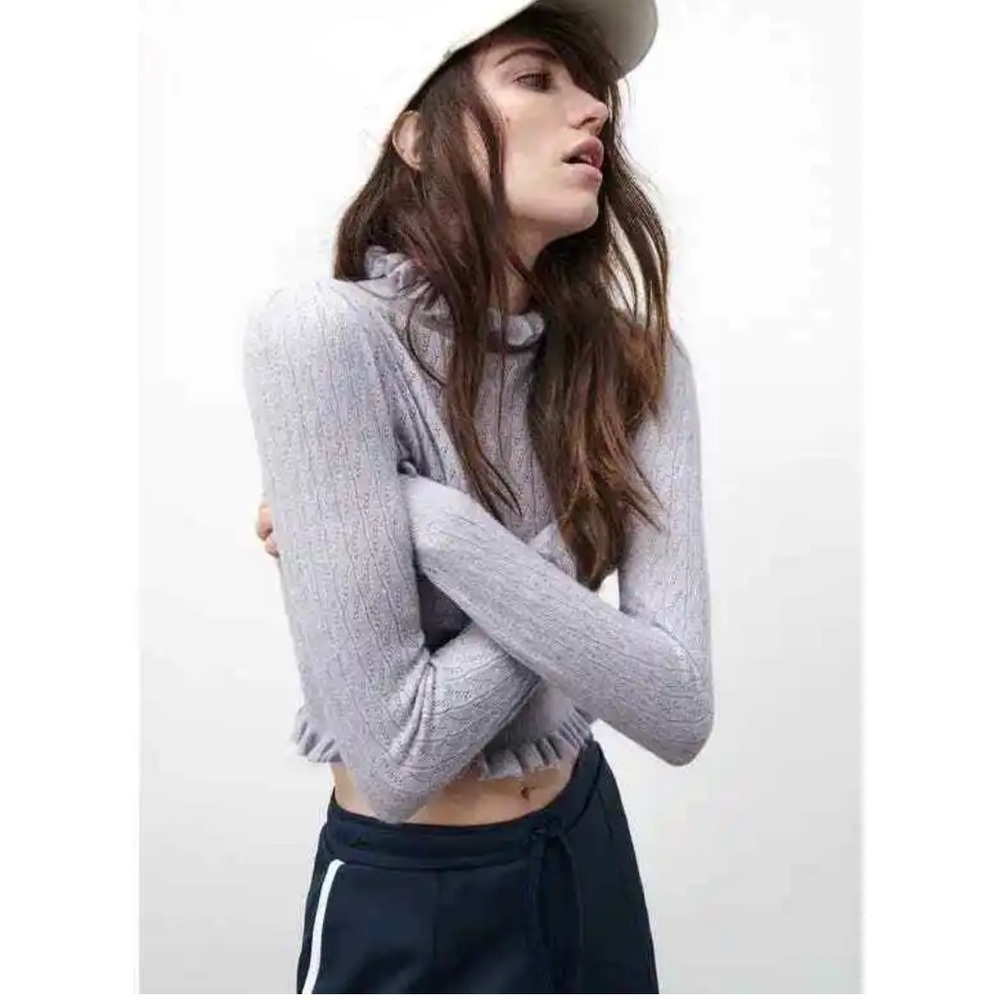 ZARA Blue Ruffle Wool and Alpaca Blend Cropped Sweater Medium